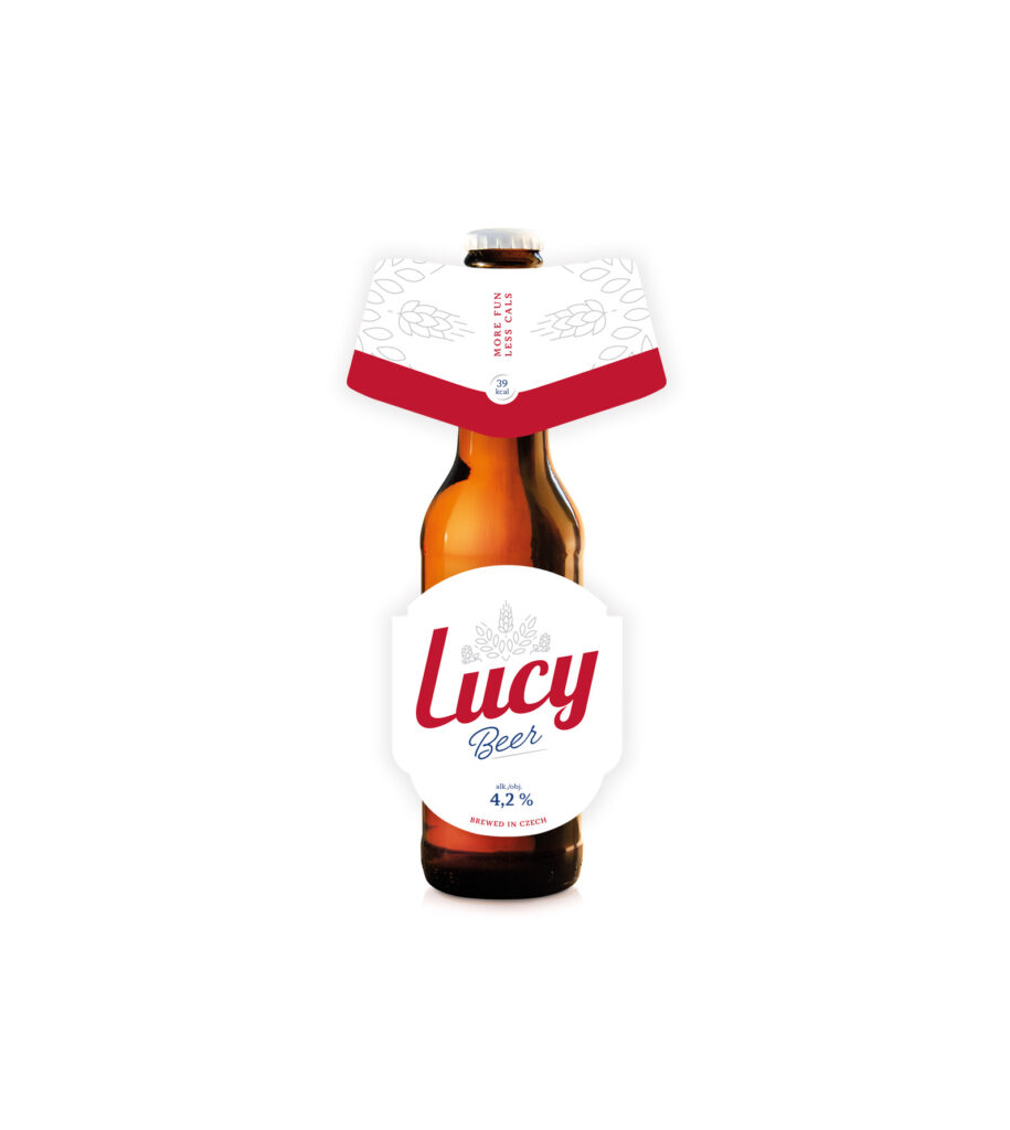 Pivní etiketa pivo Lucy. Logo, ilustrace, stříbrný tisk na etiketě. Obalový design pro láhev.